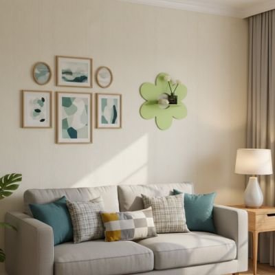 Etagere bois vert sur mur blanc