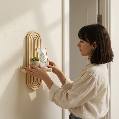 Femme fixant une etagere murale bois