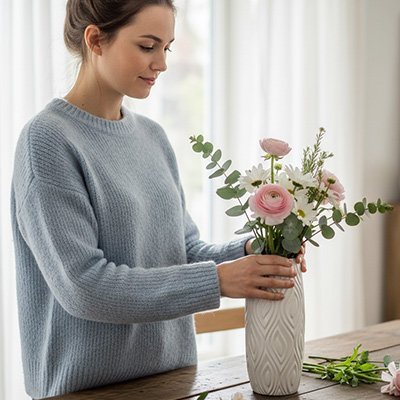 femme met fleur dans Vase