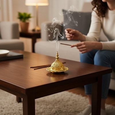 Porte encens allumé par une femme