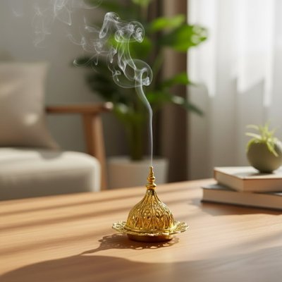 Porte encens allumé posé sur table