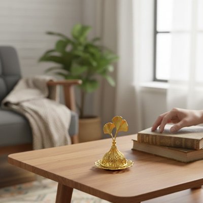 Porte encens sur table main visible